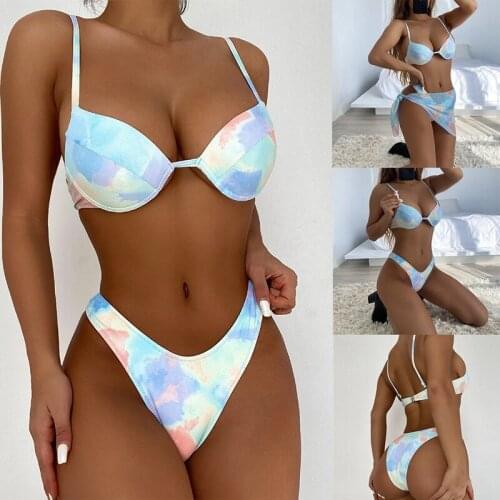Hot kf-Womens Sexy Swimsuit Thin Straps Tie-Dye Bikini Suit Steel Ring Swimsuit