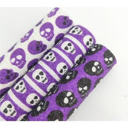 Halloween Skulls Printed Chunky Glitter Vinyl Fabric Sheet Felt Backing Synthetic Leather Faux Vinil For Bows DIY A4 SIZE R285A