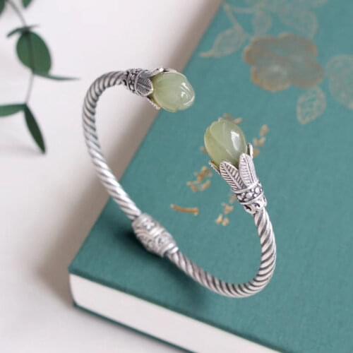 Natural Hetian Jade Gray Jade Magnolia Bracelet Womens Retro Chinese Style Ethnic Style Sterling Silver Bracelet Womens Fashio