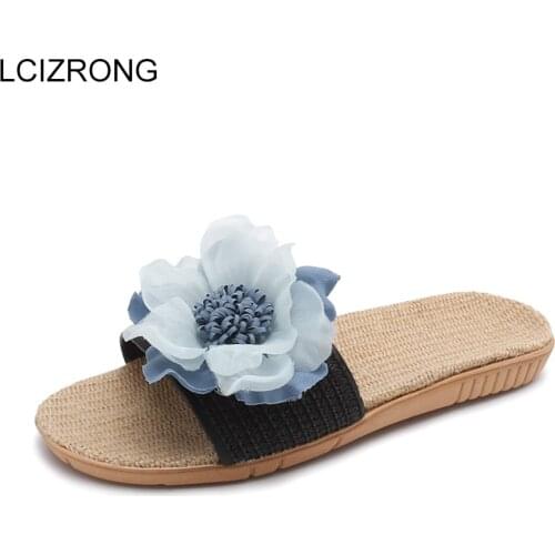 LCIZRONG Summer New Fashion Lace Women Beach Slippers Linen Bathroom Flat Shoes Female 5 Colors Cool Girl Home Slippers Indoor