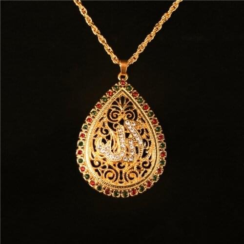 Retro Muslim Allah Pendant Necklace Gold Chain Link Long Necklace Water Drop Pendant Zircon Necklace Religious Jewelry