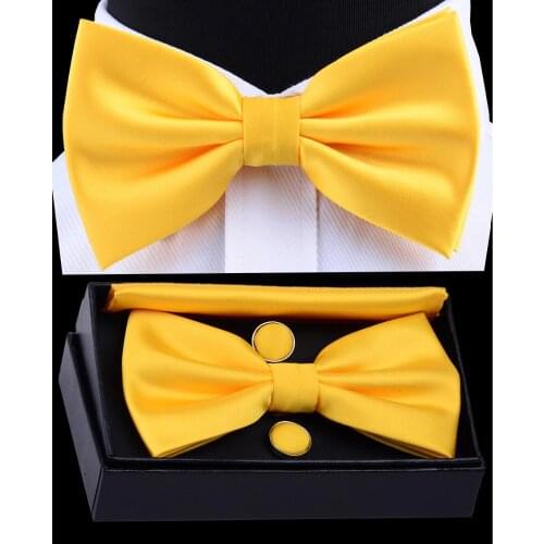 Ricnais Mens Pre-tied Bow Tie Set Solid Bowtie Pocket square Cufflinks With Box Waterproof Fold For Man Yellow Red For Wedding
