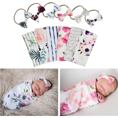 Newborn Photography Prop Baby Blankets Printed Newborn Infant Baby Boys Girls Sleeping Swaddle Muslin Wrap +Headband 2PCS F3ME