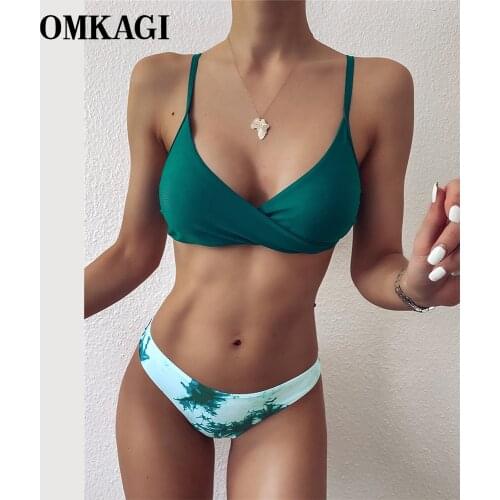 OMKAGI Push Up Bikini Sets Women Tie Dye Swimsuit Bathing Suit High Cut Button Solid Bra Green Swimwear 2021 Sexy Swimwear