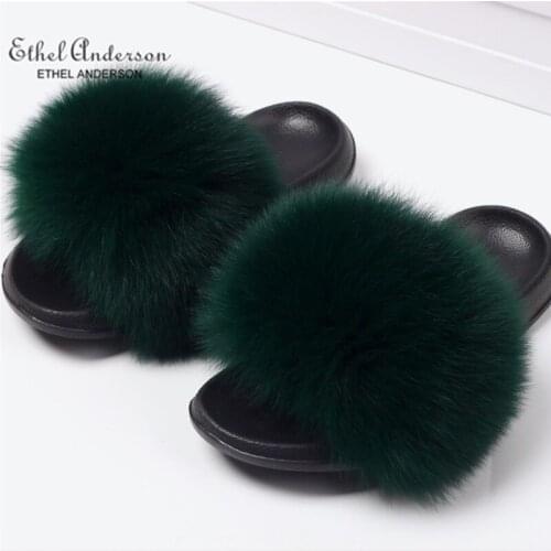 Wholesale Newest Real Fox Fur Slippers Slides Summer Fluffy Fur Vacation Flip Flop Sandals Plus Size Shoes