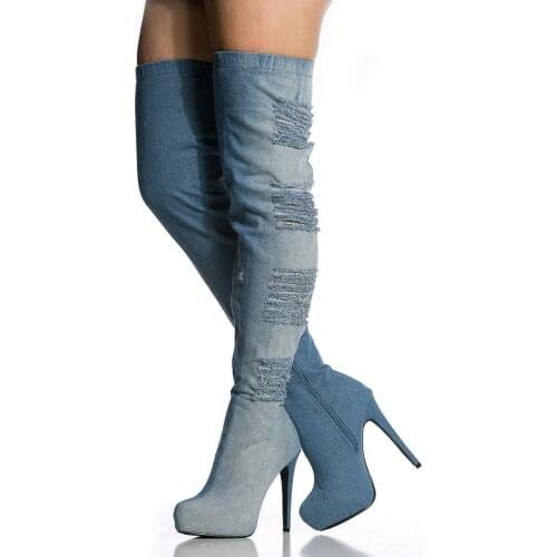 Sexy Over-the-knee Boots Cowboy Denim Long Boot Womens Thigh High Boots Platform Thin High Heel Elastic Booties Shoes Woman