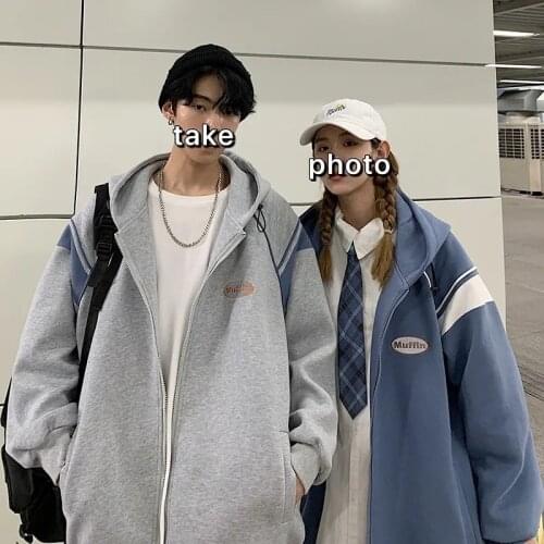 Japanese Harajuku stitching cardigan hooded sweater couple jacket loose plus velvet thick uniform zipper sweatshirt top clothes