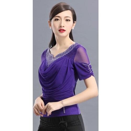 Latin Dance Shirt Ladies Diamond Dancing Top Short Sleeve Print Ice Silk Dancing Tops Ballroom Square Dancing Suit B-6531