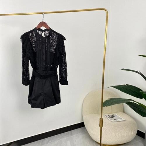 New Summer Women Fashion Black A-line Hook Flower Hollow Long Sleeve Playsuit High Quality