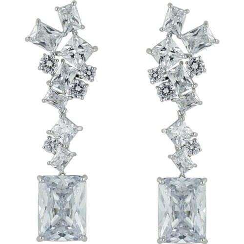 Cubic Zircon CZ Wedding Square Dangle Earring for Bridal Women Girl Prom Jewelry with 925 Silver Pin