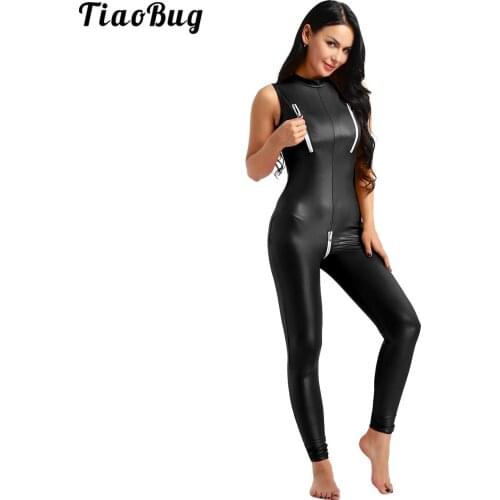 TiaoBug Women One-Piece Wetlook Patent Leather Stand Collar Sleeveless Zipper Bust And Crotch Leotard Bodysuit Catsuit Clubwear