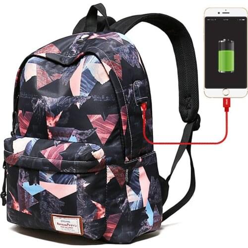 14-15.6 Inch USB Charging Laptop Backpack Women Waterproof Printing Book Bag Female School Bagpack for Teens Girls Travel Bags
