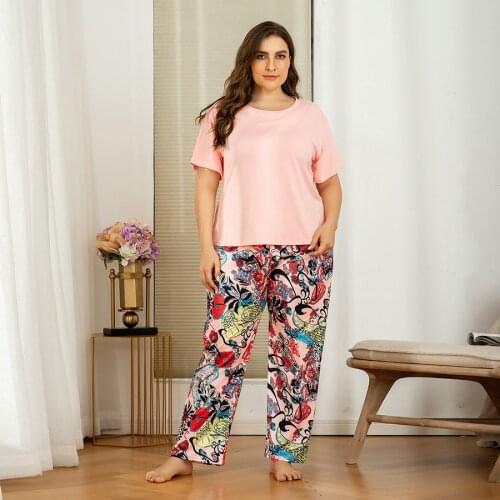 Womens Plus Size Sets Summer Home Wear Two-piece Suit O-neck Printed Comfortable Loose Short-sleeved Trousers Women Clothing