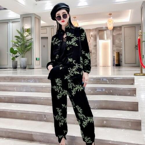 Plus size Vintage Leaf Embroidery Loose Single-breasted Gold velvet 2pc Sets Autumn Women Casual Cardigan Jacket Trousers Female