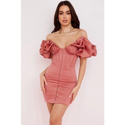 2021 Short Sleeve Sexy V Neck Off Shoulder Women Summer Mini Dress Party Robe Nightclub Femme Pink Casual Slim Vestidos 31109