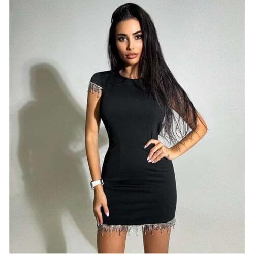 Black Summer Tassel Diamonds Vintage Sexy Club Women Mini Party Dress 2021 Casual Bodycon Short Sleeve Robe Femme Vestido BY2118