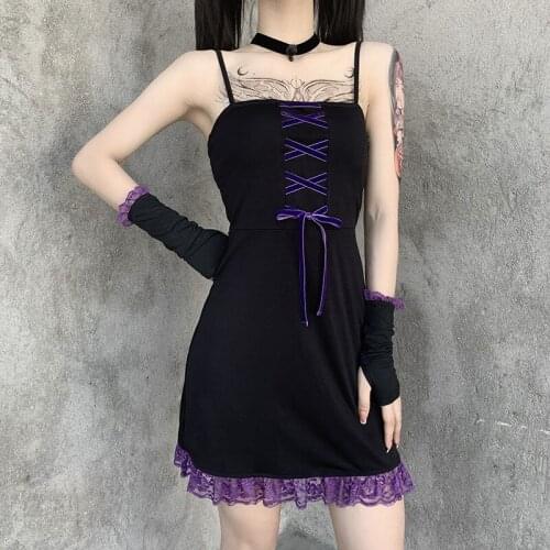 2021 Rosetic Gothic Mesh Pleated Sexy Strap Dress Women Dark Girl Summer Red Black Irregular Patchwork Designer Long Dresses