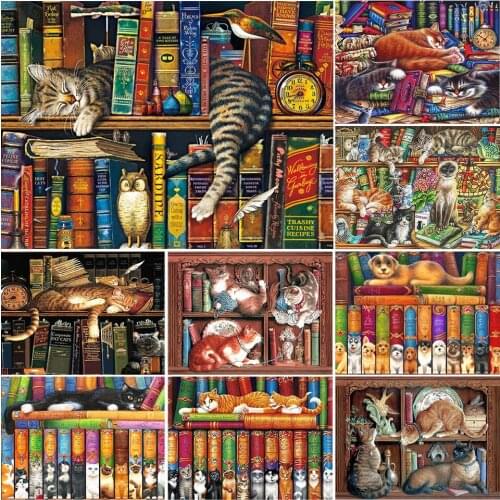 5D DIY Diamond Embroidery Animal Cat Book Diamond Painting Full Square Cross Stitch Kits Mosaic Art Picture of Rhinestones Decor