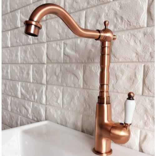 Antique Red Copper Brass Bathroom Kitchen Basin Sink Faucet Mixer Tap Swivel Spout Single Handle One Hole Deck Mounted mnf414