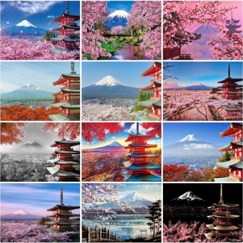 AZQSD Diamond Embroidery Mountain Landscape Cross Stitch 5D Diamond Painting Tower Cherry Blossoms Handicraft Home Decors