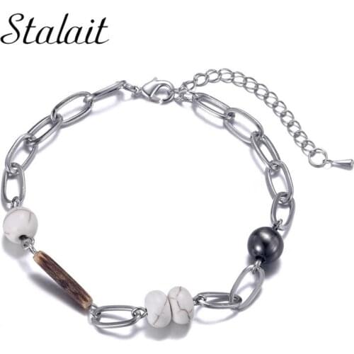 Black Beads Bracelets Wooden Fashion Jewelry Vintage Silver Color White Stone Rolo Link Balck Beads Friendship Bracelets