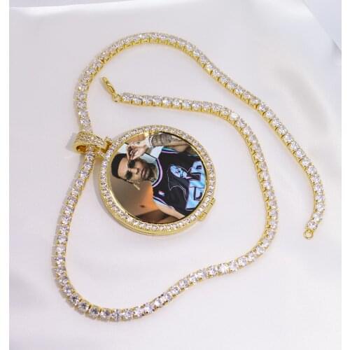 Round Photo Custom Made Photo Medallions Pendant Picture Necklace & Tennis Chain Gold Color Cubic Zircon Mens Hip Hop Jewelry