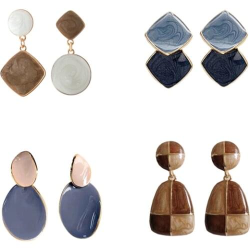 Enamel Brown Blue Rhombus Round Square Earrings Quality Oil Drop Geometric Clip on Earrings Women No Pierced Ears