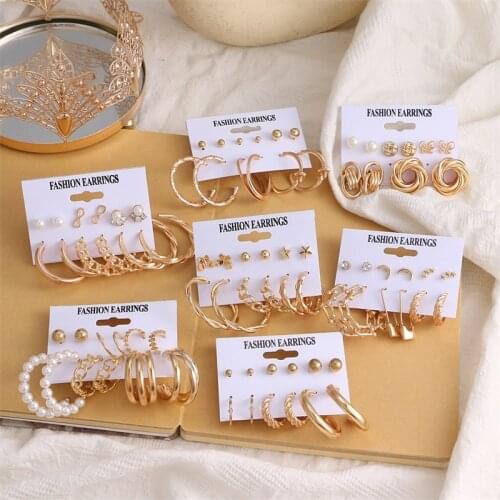 EN Fashion Gold Chain Hoop Earrings Set For Women Girls Elegant Geometirc Pearl Circle Hoop Earrings 2021 NEW Jewelry Gift