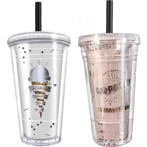 Plastic Drink Cups With Straw Cute Milk Juice Bottle with Dome Lids Double Wall Reusable White Pink Water Bottle Fruit Cup