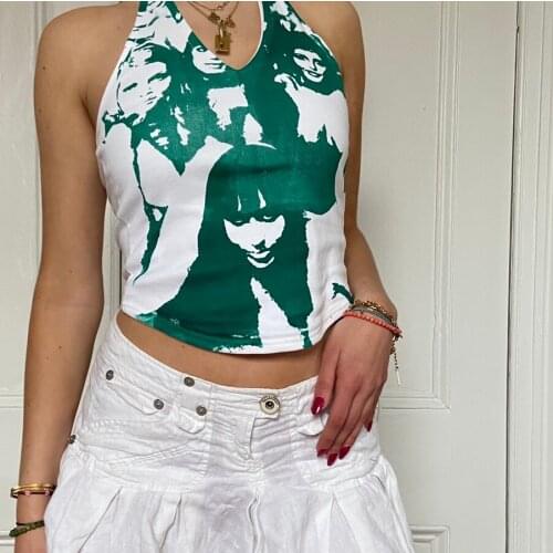 Portrait Graphic Print T-shirt 90s Vintage Harajuku Crop Top Y2K Aesthetic Slim Fit Tees Tops Women Streetwear Gothic 2021