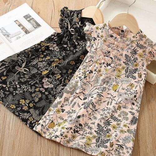 2021 Hot Summer 2 3 4 6 8 10 Years Chinese Ethnic Vintage Style Mandarin Collar Floral Cotton Cheongsam Dress For Kids Baby Girl