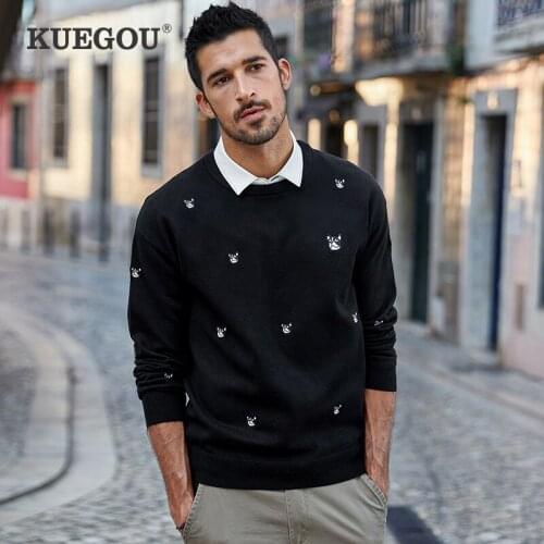 KUEGOU 2020 Autumn Embroidery Dog Black Sweater Men Pullover Casual Jumper For Male Wear Brand Knitted Oversize Clothing 9136