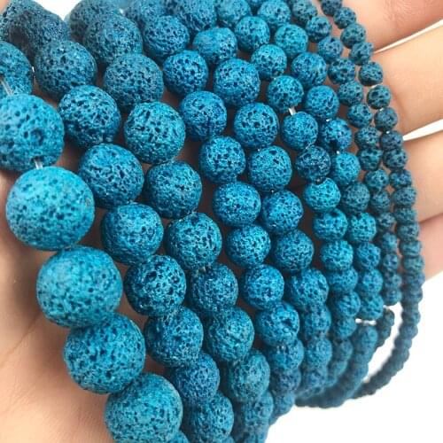 MKTREG Peacock Blue Rock Lava Stone Bead 4/6/8/10/12mm Natural Stone Round Loose Bead for Jewelry Bracelet Making DIY 15inch
