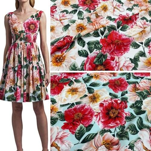 145cm Width Colorful Roses Printed Cotton Or Imitate Silk Satin Or Chiffon Fabric For Woman Summer Long Dress Blouse DIY Cloth
