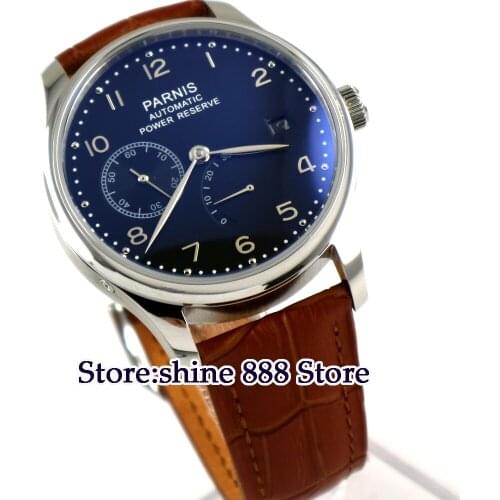 Parnis 43mm black dial power reserve Automatic Self-Wind Mechanical movement mens watch Mechanical watch