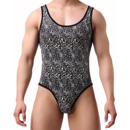 Men Sexy Leopard Bodysuit Wrestling Singlet Fetish Gay Male Jockstrap Underwear Erotic Lingerie Fitness Suit Wild Jumpsuits