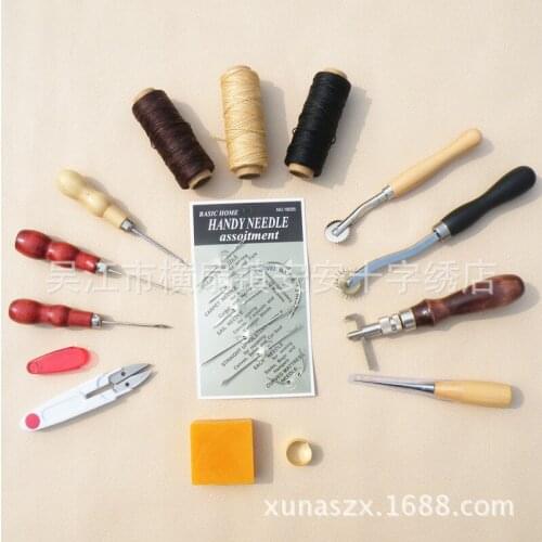 14Pcs/Set Leather Tools Set DIY Hand Needles Wires Awls Scissors Beeswax Copper Thimble Wheels Wood+Steel Leathercraft Quality