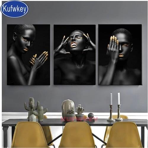 3 piece set diy diamond painting black woman mosaic diamond full square round drill embroidery African girl,christmas decor