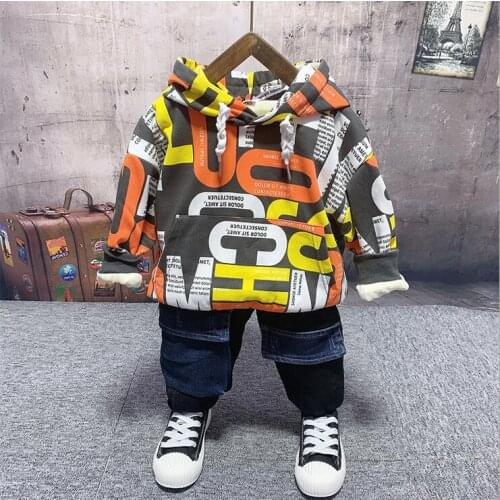 New style casual baby boy clothes winter baby boys plush hoodie + plush jeans 2pcs sets Childrens clothes 2-6years boys sets