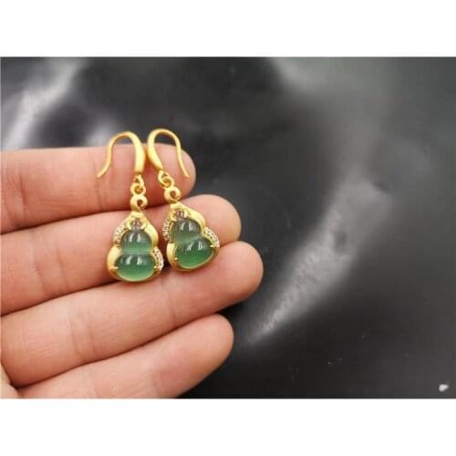 Original design natural chalcedony gourd earrings retro unique ancient gold craftsmanship charm womens silver jewelry