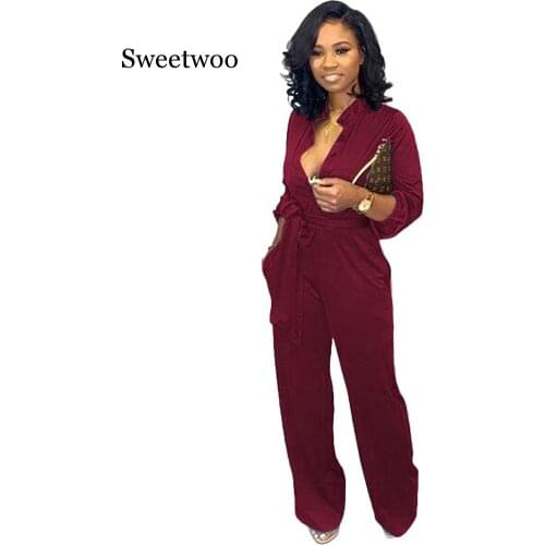 Sexy Overalls Rompers Womens Jumpsuits 2020 Autumn Pants Casual Vintage Deep V Neck Long Sleeve Party Playsuits Plus Size