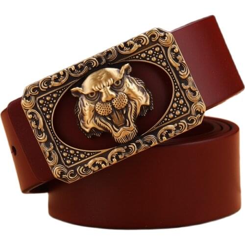 2020 punk stylish smooth buckle tiger belt for men mens belts luxury solid brass full grain cowhide genuine leather strap camel