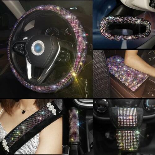 Luxury Rhinestones Crystal Colorful Car Seat belt cover pad Steering wheel cover Auto Interior Accessories