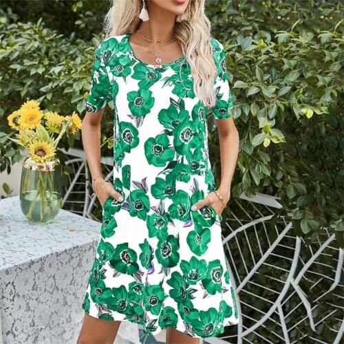 Flower Print O-neck Short Sleeve Dress Women Plus Size Loose Elegant A-line Dresses Summer Casual Streetwear Dress