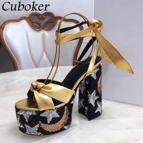 Luxury Brand Super High Heel Sandals Gold Leather Bowknot Ankle Strap Gladiator Sandals Runway Party Dress Wedding Shoes Women