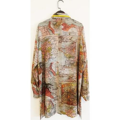 Silk Runway Fashion 100% 2021 Spring Summer Map Print Letters With Pocket Loose Style Casual Mini Dress