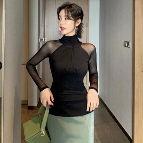 2019 Winter Sexy Shirt Slim Turtleneck Mesh Patchwork Long Sleeve XL Shirt Women Ladies Tops Shirt Blusas Mujer Women Shirt
