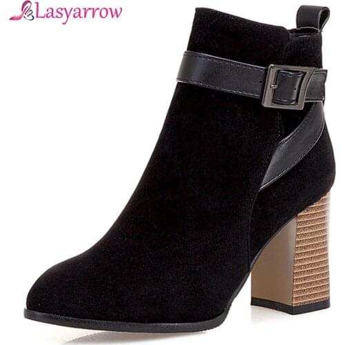Lasyarrow 2019 New women ankle boots flock pointed toe zip buckle autumn winter boots fashion high heels dress shoes woman J965