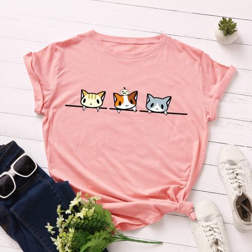 Women Short Sleeve Cotton T-Shirts Graphic Tees Summer Tee Tops for Female Casual Cute Cats Printed Oversized Clothes Streetwear