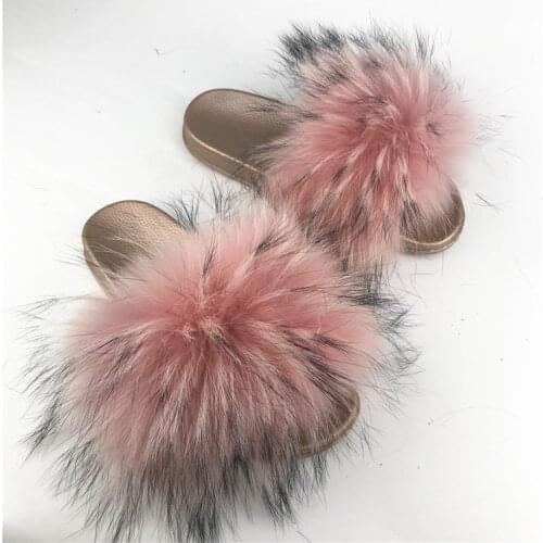 2020 real Red Raccoon Fur Sandals Women Slides Fox Hair Flat Fluffy Fashion Home Summer Big Size Natural Furry Flip Flops Shoes